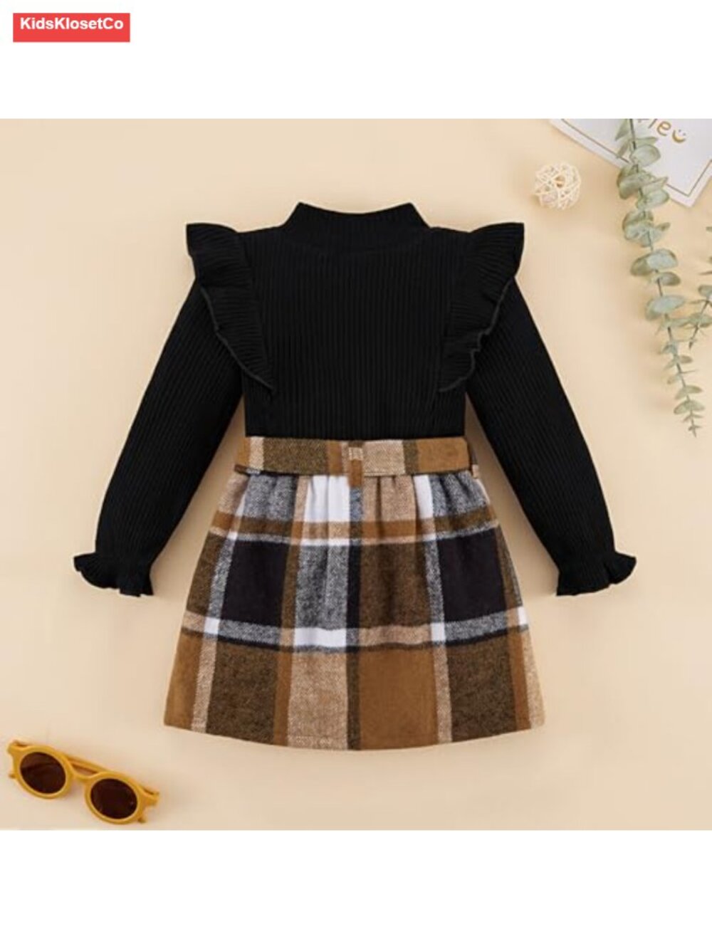 Toddler Girl Fall Winter Long Sleeve Top Plaid Skirt Set 2Pc - Picture 2 of 6